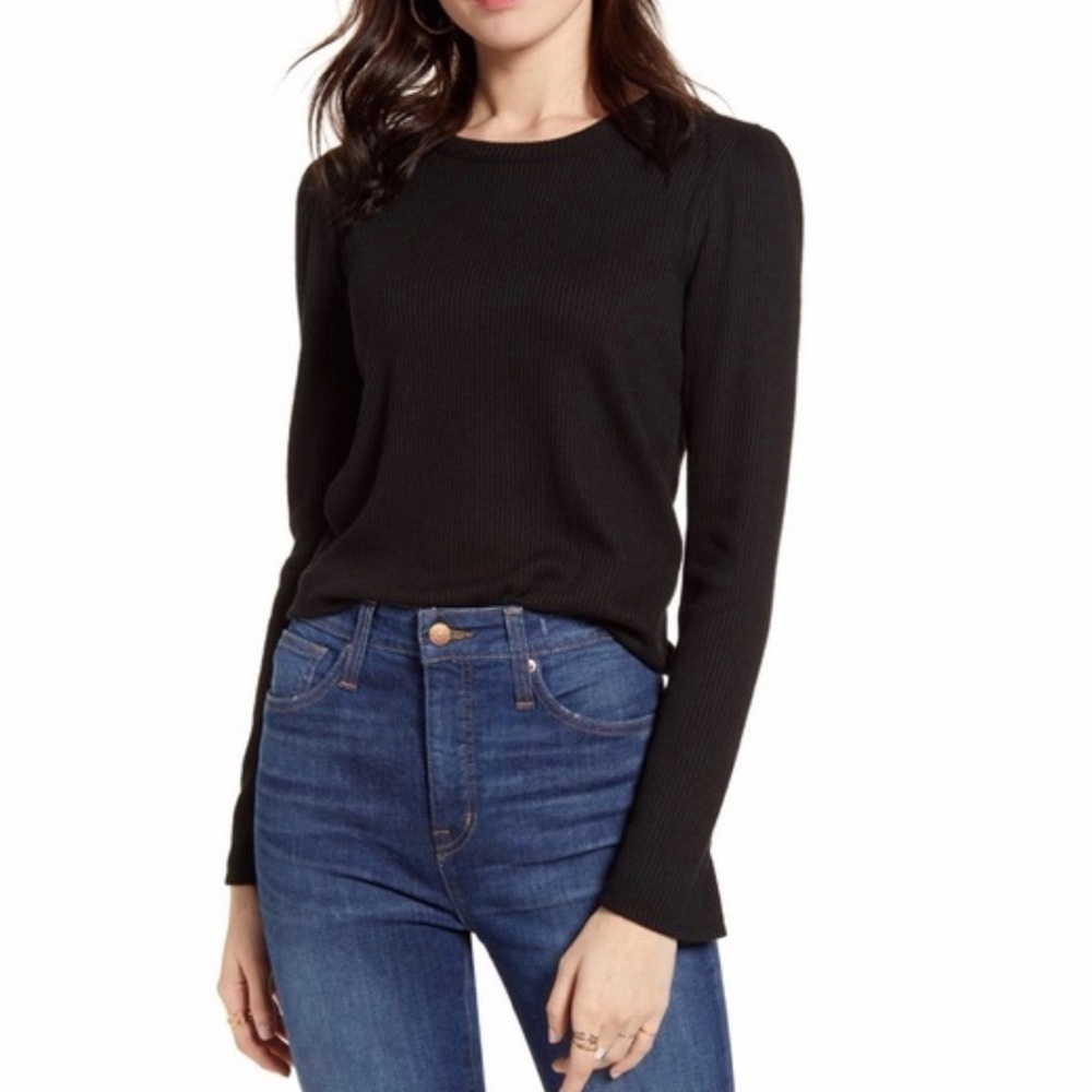 Madewell Ribbed Top Gathered Long Sleeve Sweater Top